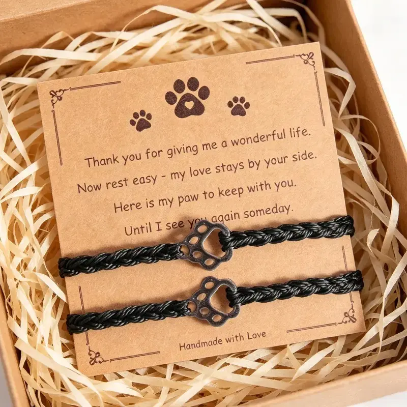 Handmade Paw Print Memorial Bracelets 2-Pack, Adjustable Braided Cord Jewelry for Pet Loss, Sympathy Gift for Dog Cat Lovers, Comforting Keepsake with Rainbow Bridge Card