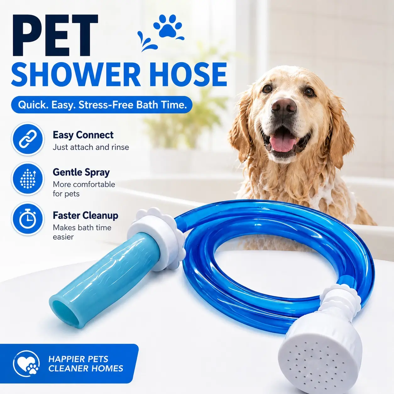 Pet Bath Tub Faucet Sprayer, 5 Ft Ultra-Flex Dog Shower Hose Adapter, Slip-On Pet Showerhead, No Install, Universal Size