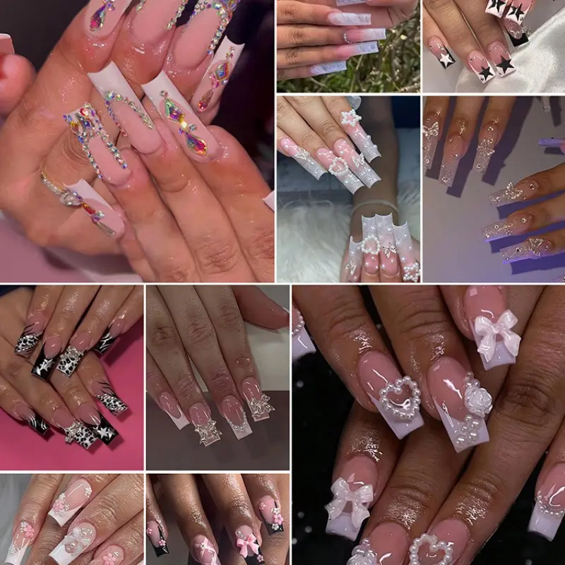 240pcs Rectangular Fake Nails, Press-On Acrylic Nails, Long Square Shape Fake Nails DIY Nails Decorative Nails Black White French Tip Star Rhinestone Pearl Bow Mix Baddie Nails for Party Easy to Wear