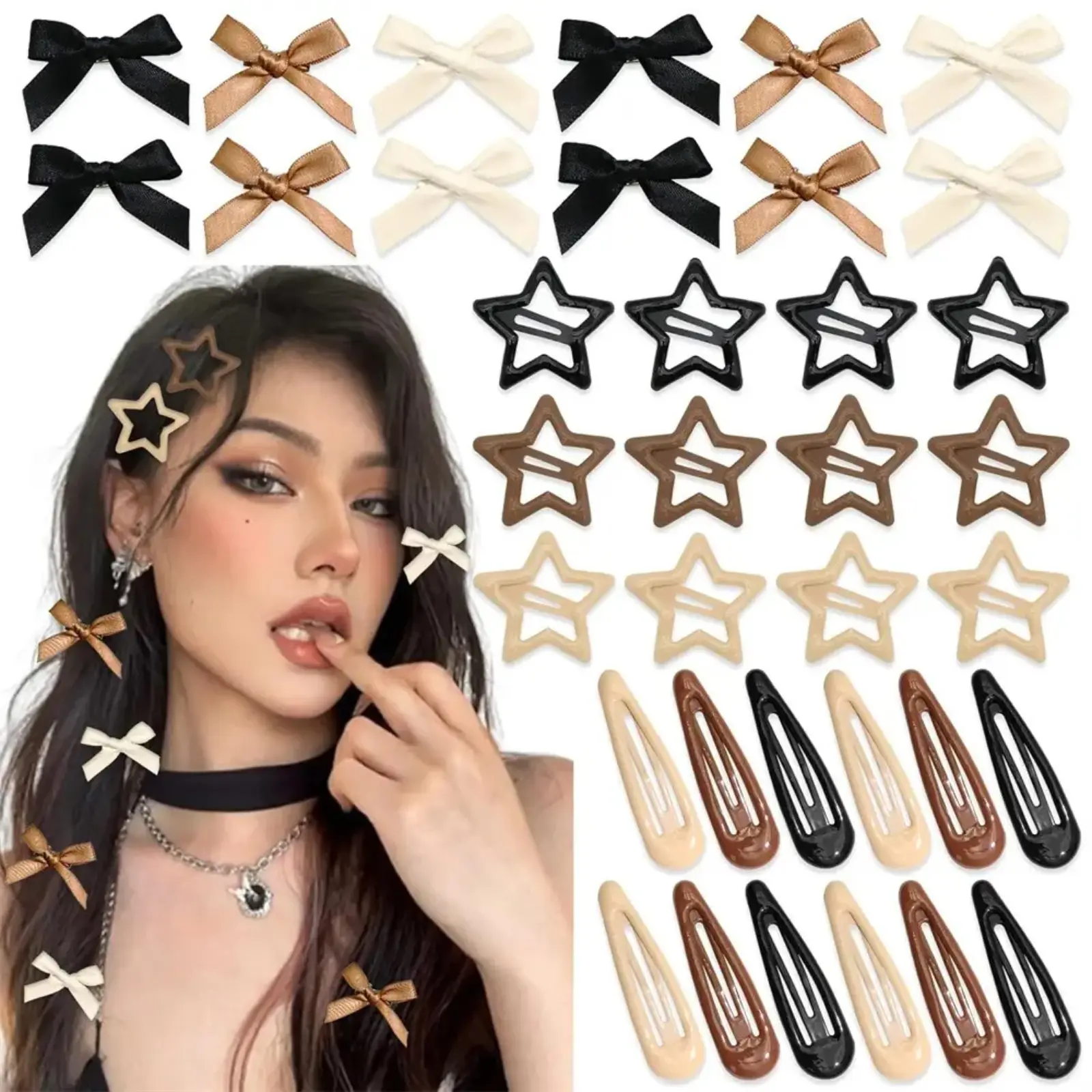 36PC Y2K Hair Clips Set Ribbon Bows Star Snap Clips Coquette Aesthetic Cute Hair Accessories for Women Girls