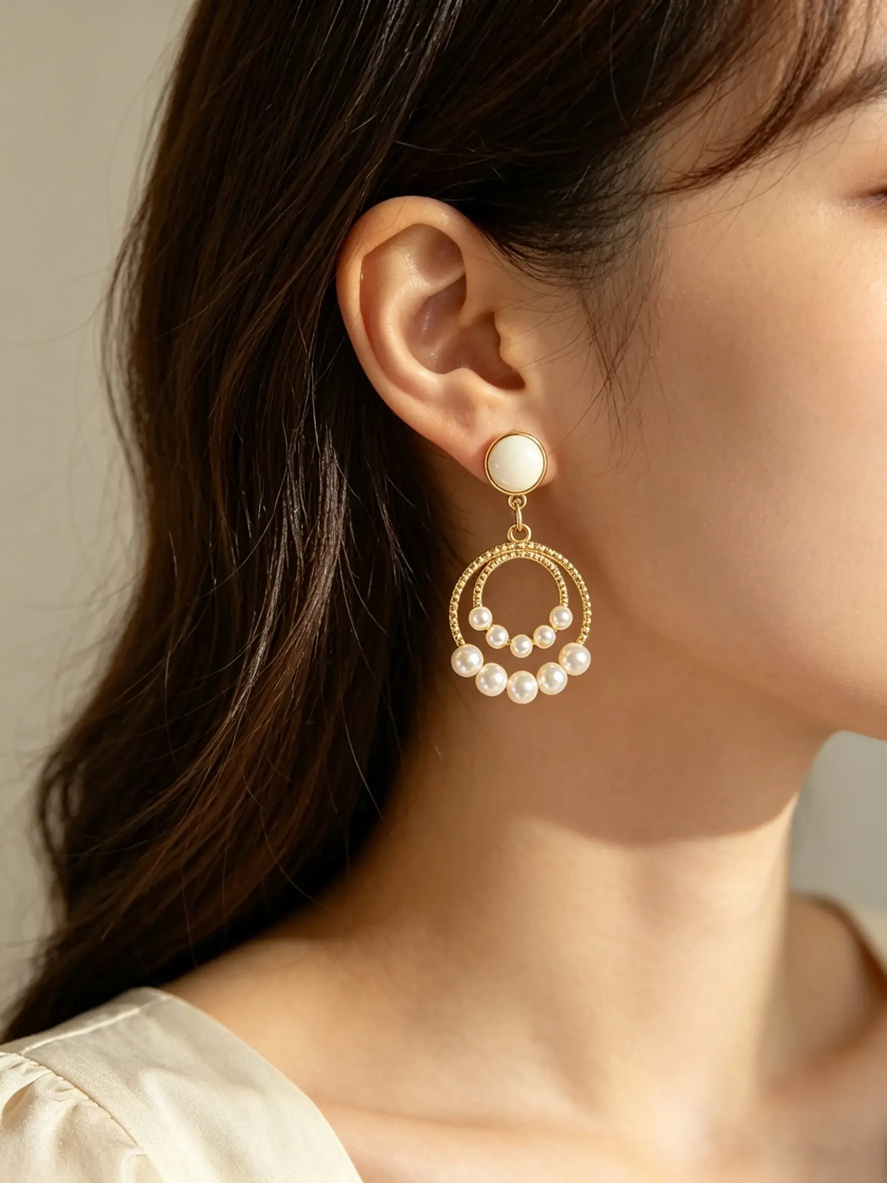 Elegant French Style Double Layer Pearl Earrings, Copper Material, Gradient Pearl Design, Vintage Fashion, Daily Wear, Perfect for Dates