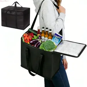 1Pc Black Insulated Cooler Bag, Large Capacity Collapsible Design. Waterproof & Leakproof with Durable Handles, Dual Tab Zips and Lid. Stands Upright, Heavy Duty Reusable Bag for Grocery Shopping and Food Delivery