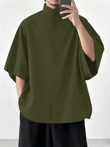 Men's Stand Collar Shirt, Hidden Button Front, Drop Shoulder, Five-Quarter Sleeves, Solid Color, Loose Fit, Casual Wear, Versatile Top