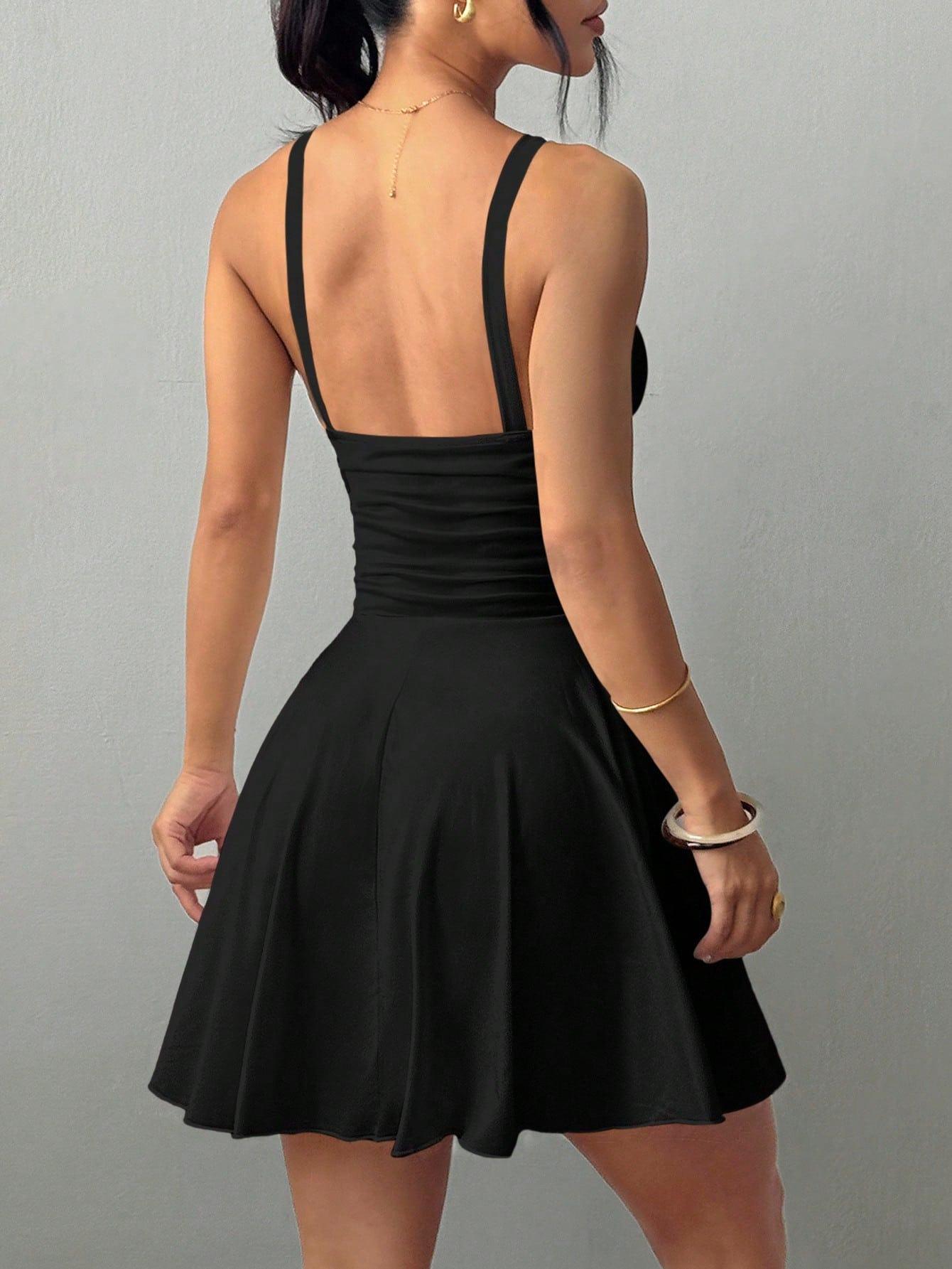 Women Sexy Ruched Mini Dress Sleeveless Spaghetti Strap A Line Skater Dress Solid Color Summer Sundress Backless Party Clubwear