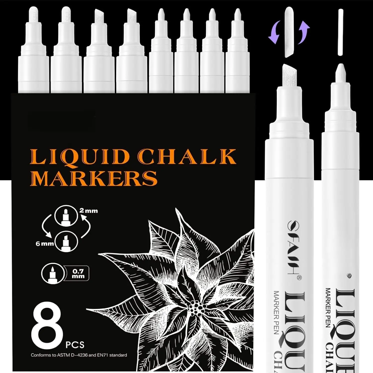 White Liquid Chalk Markers for Blackboard, Glass - [Wet Wipe No ] 8 Pack- (4x) 2mm/4mm Reversible & (4x) 0.7mm Fine Tip, Ultra Flow Triple-Tips - Menu, Bistro, Signs, Windows,  Labels