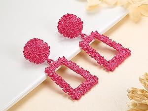 FUNRUN 4Pairs Hot Pink Earrings for Women Statement Earrings Geometric Heart Drop Hoop Earrings Boho Long Tassel Dangle Earrings