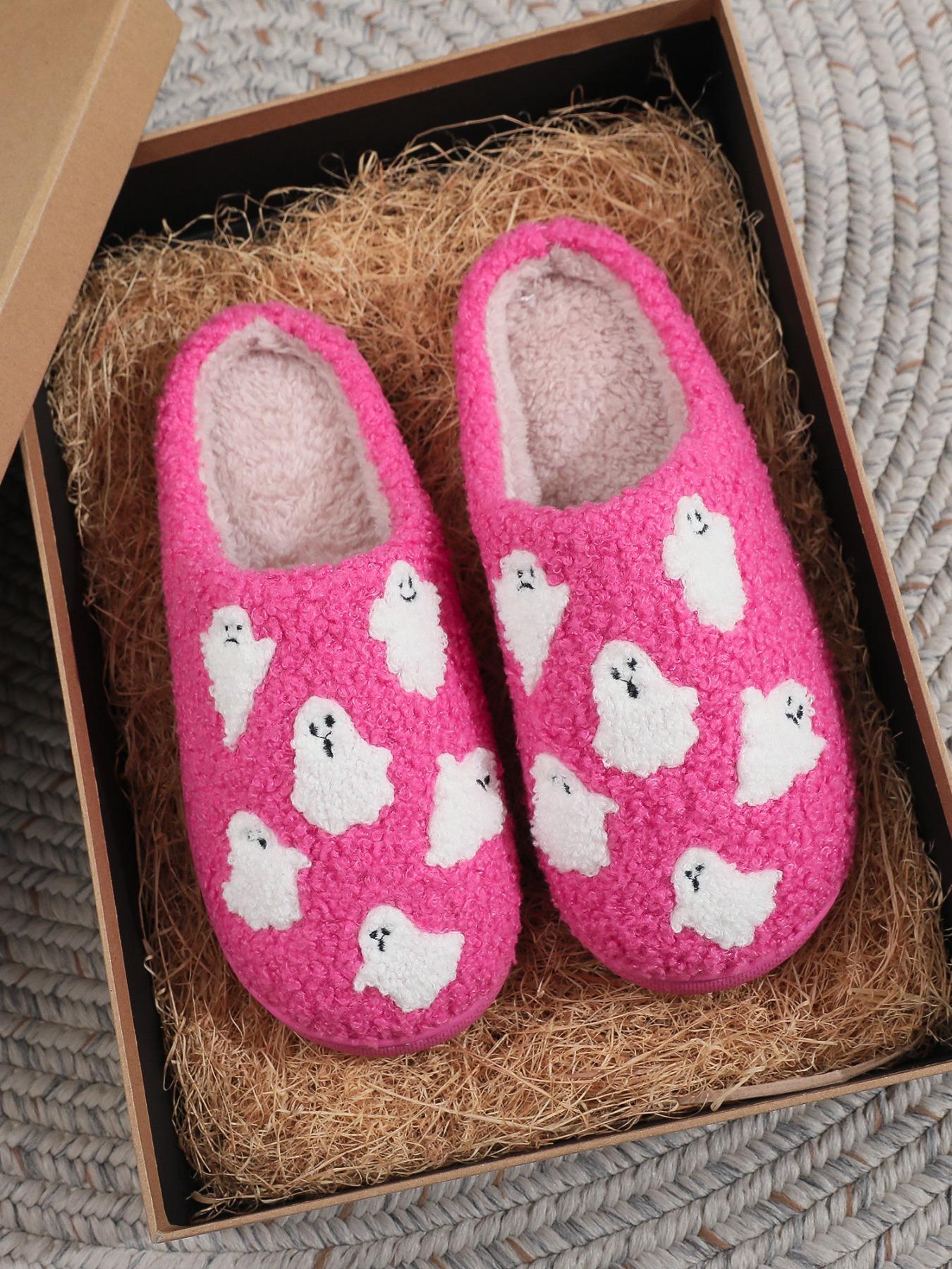 Women's Cute Cartoon Ghost Pattern Plush Slippers, Casual Soft Comfortable Fluffy Home Slippers, Warm Fuzzy House Slippers for Indoor & Outdoor Use for All Seasons