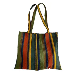 Retro contrasting rainbow striped shoulder bag Thin and lazy cotton linen versatile large capacity canvas bag
