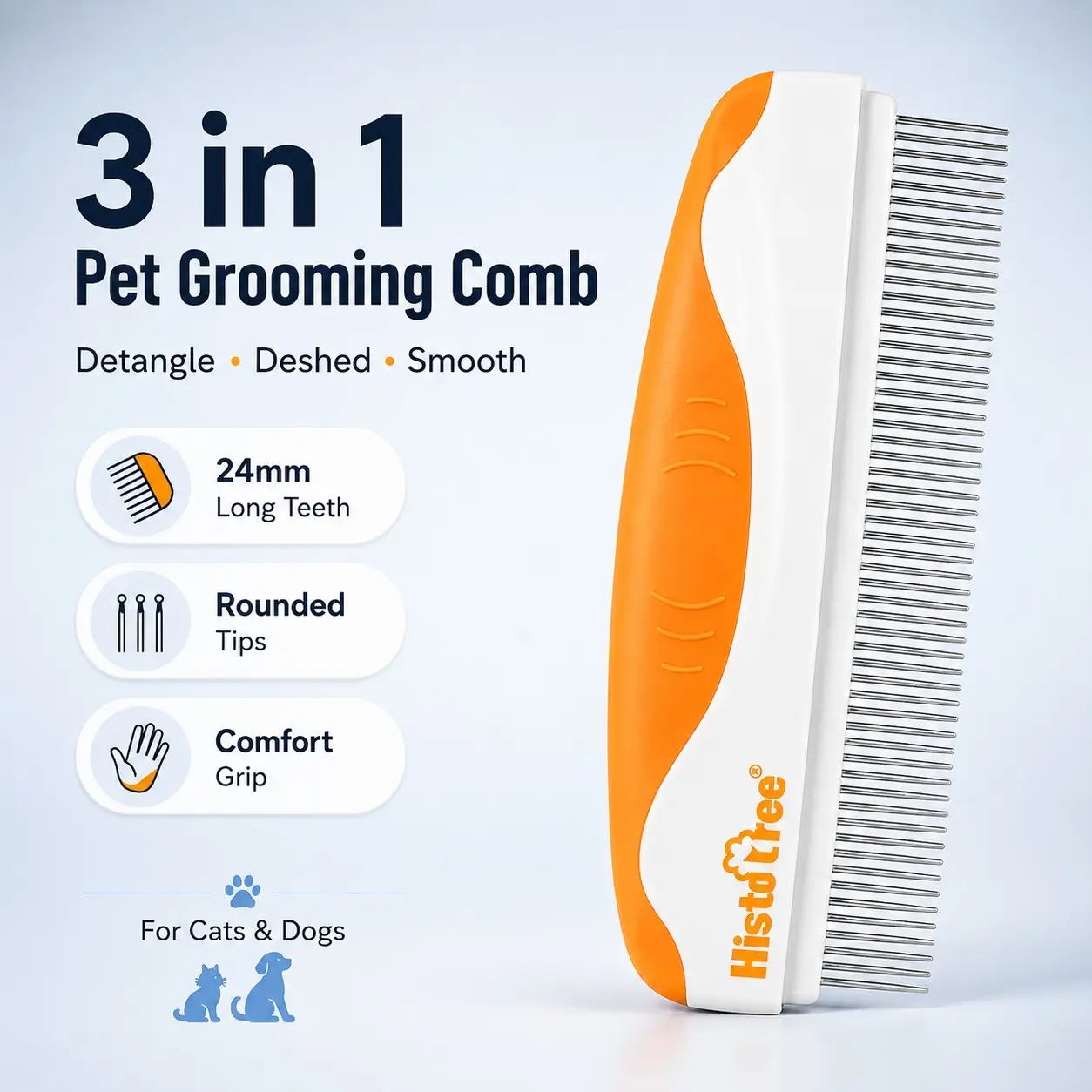 3-in-1 Pet Grooming Comb for Dogs and Cats, 24mm Long Metal Teeth Detangling and Deshedding Comb for Long Thick Coats, Rounded Tips, Ergonomic Non-Slip ABS and TPR Handle, Lightweight Pet Hair Brush for Daily Grooming, Smoothing and Loose Fur Removal Tool