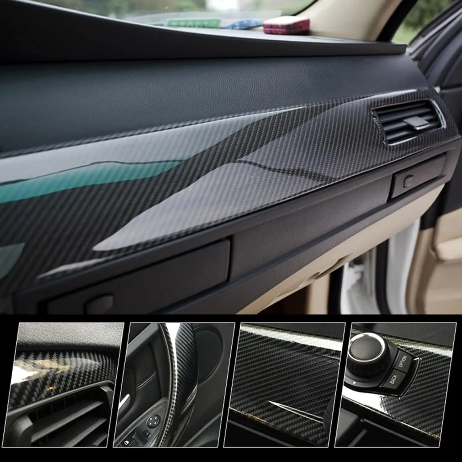 Carbon Fiber Vinyl Wrap, 5D Gloss Black Vinyl Wrap for , Self Adhesive Anti-Wrinkle 1ft x 10ft  Wrap Roll with Air Release