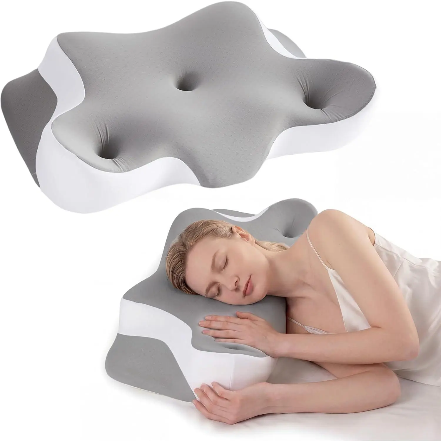 Cervical Neck Pillow for Neck Pain Relief, Ergonomic Pillow for Side Back & Stomach Sleepers with Cooling Breathable Cover