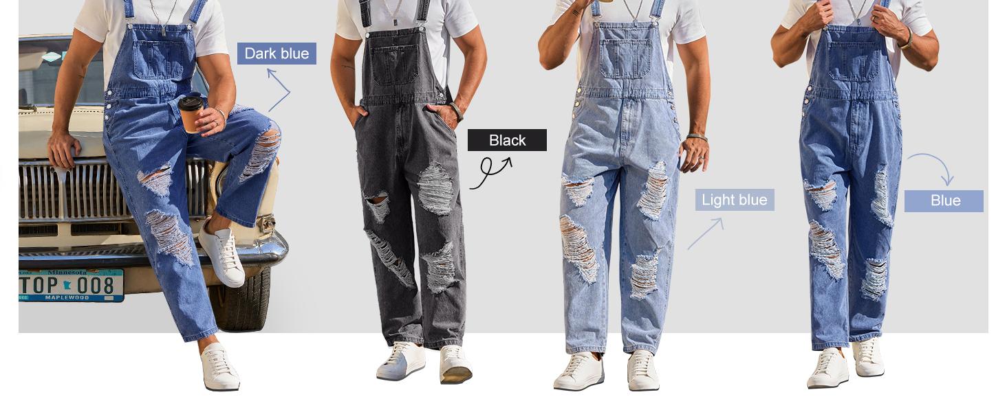 PASLTER Men's Denim Bib Overall Ripped Distressed Jean Casual Fashion Workwear Adjustable Strap Hip Hop Jumpsuit
