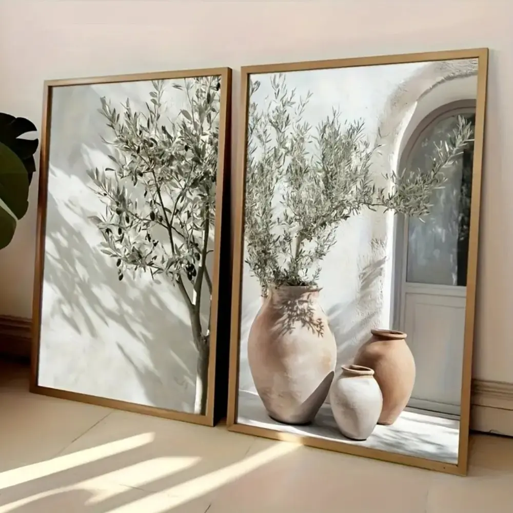 2pcs Mediterranean Olive Tree Canvas Art Prints with Wooden Frame, Modern Wall Decor for Living Room Bedroom Kitchen Home Decoration
