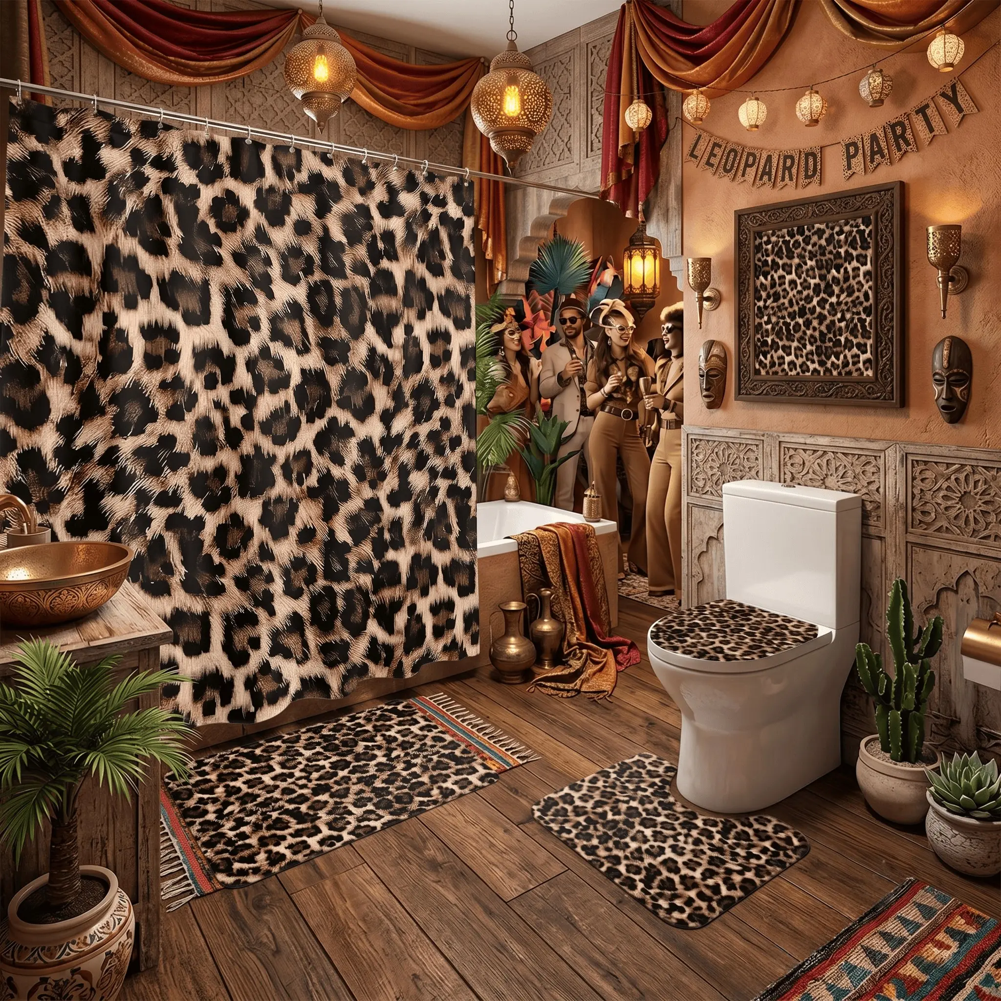 4pcs Exotic Cheetah Print Bathroom Curtain Set, Bathroom Curtains Shower, Wild Leopard Spotted Fabric Decor,The floor mat fabric is thicker and softer! Premium Hotel Quality, Luxury Housewarming Gift, Shower Curtain Sets