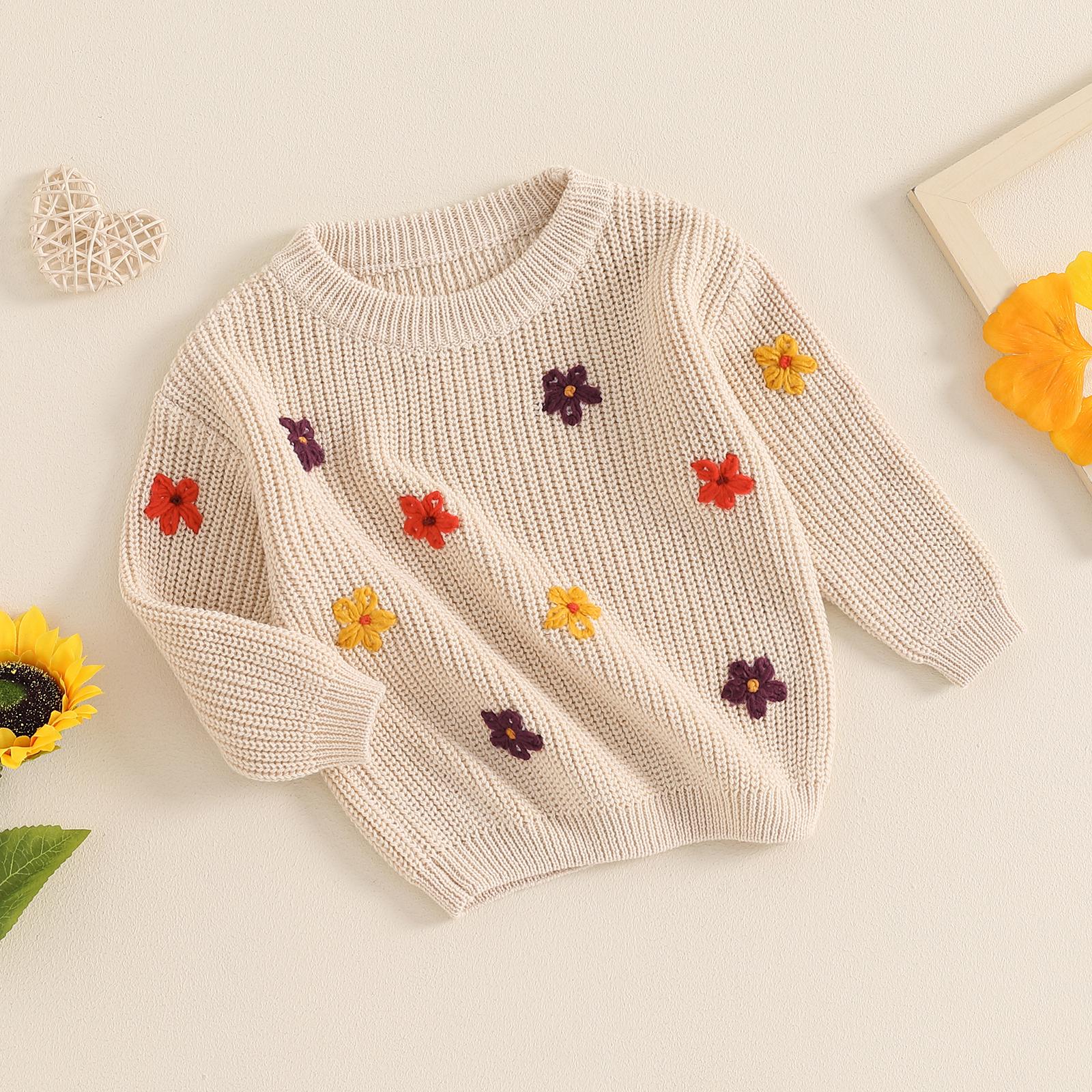 Toddler Baby Girl Knit Sweater Blouse Pullover Sweatshirt Flower Embroidery Warm Long Sleeve Tops 0-5 Years