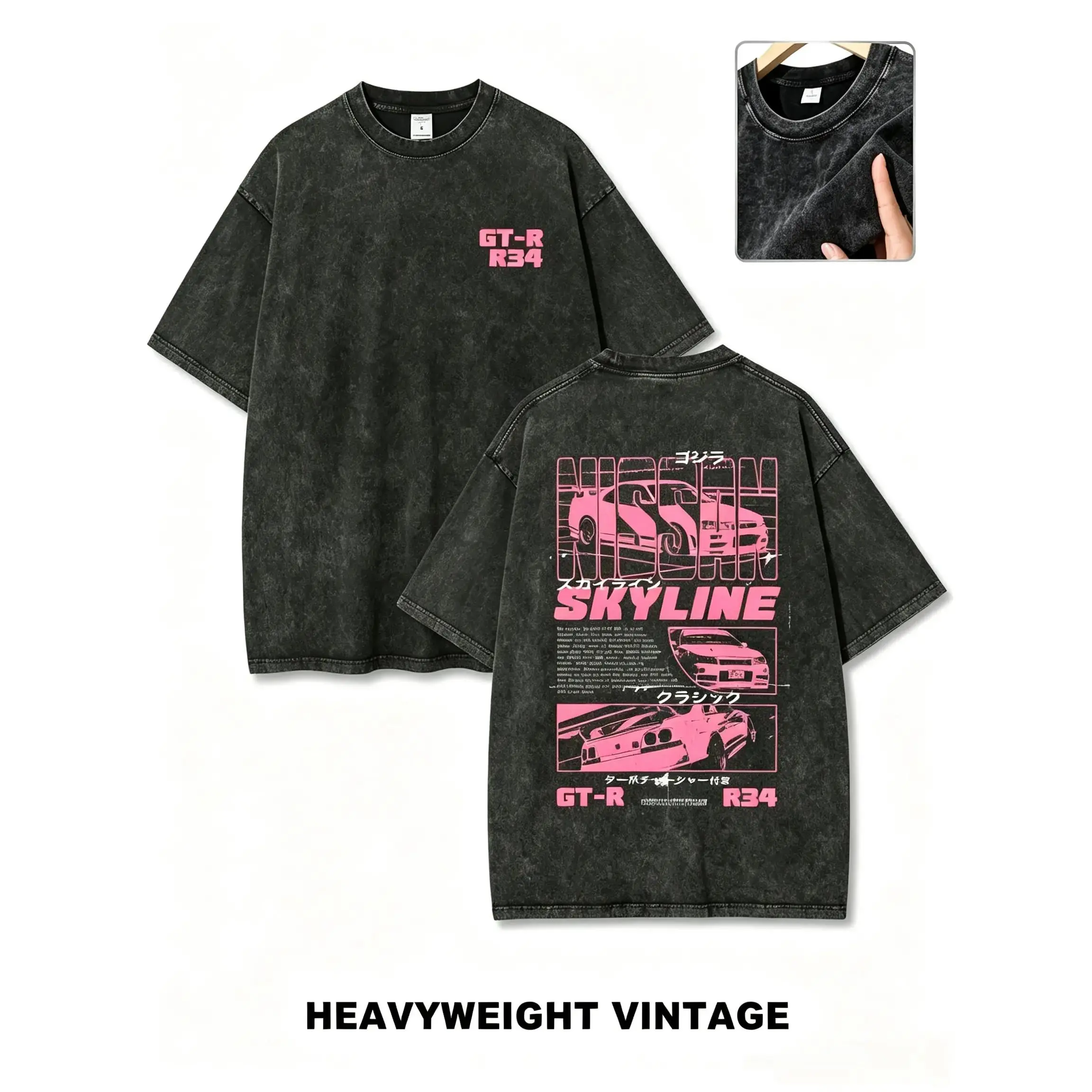 Heavyweight Vintage Wash GT-R R34 Skyline Graphic Tee Oversized Japanese JDM Racing Streetwear Y2K Car Lover Cotton T-Shirt Unisex