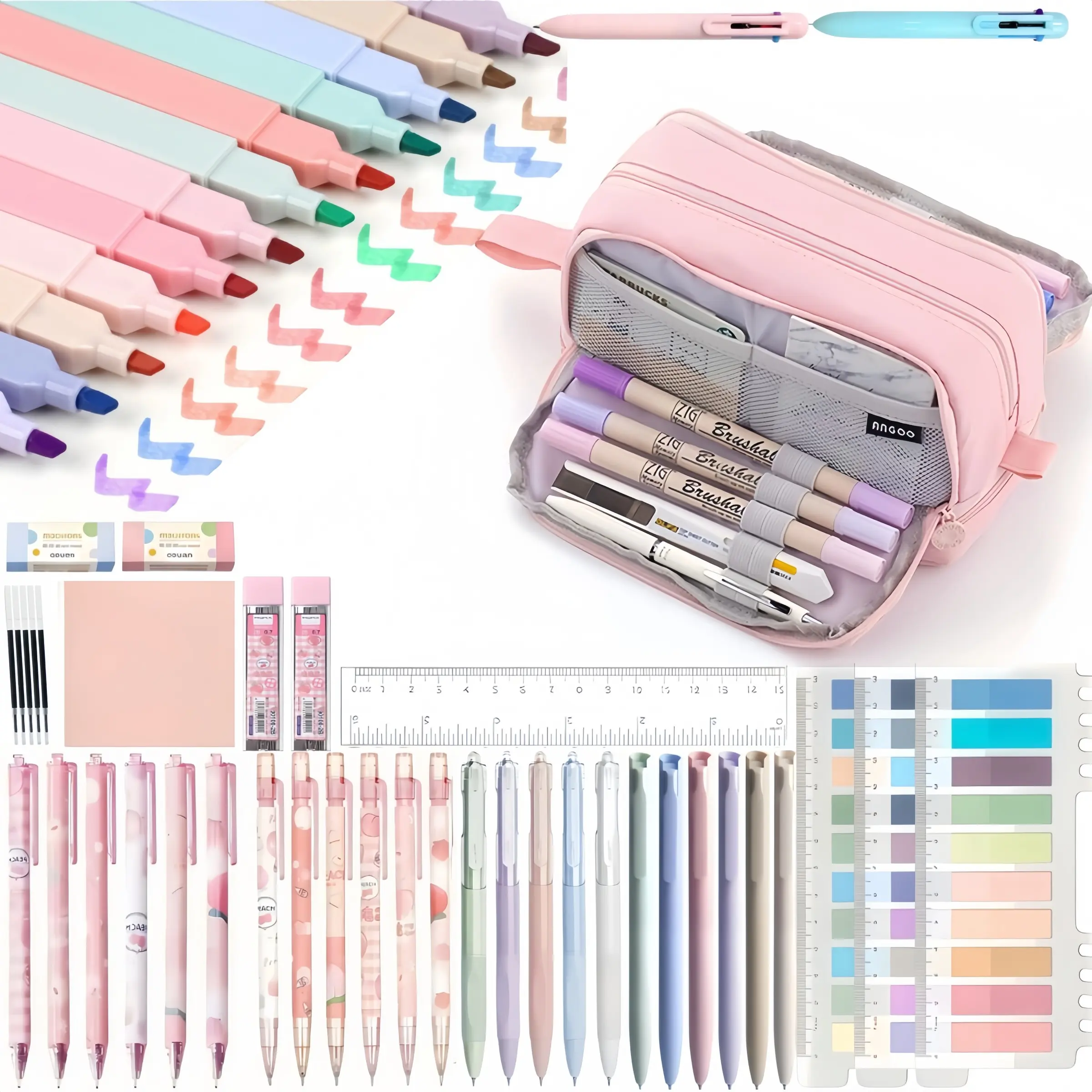 52PCS Aesthetic School Supplies With Large Pencil Case,Black Ink Gel Pens,0.5 mm Smooth Fine Point,Mechanical Pencils Set, highlighter,Sticky Notes,Stationery Bag School College Office Organizer for Teens Girls Adults Student.back to school.