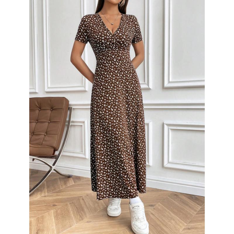 SHEIN MOOSTA Women's Fashionable Ditsy Floral V-Neck Short Sleeve Summer Dress Maxi Women Outfit