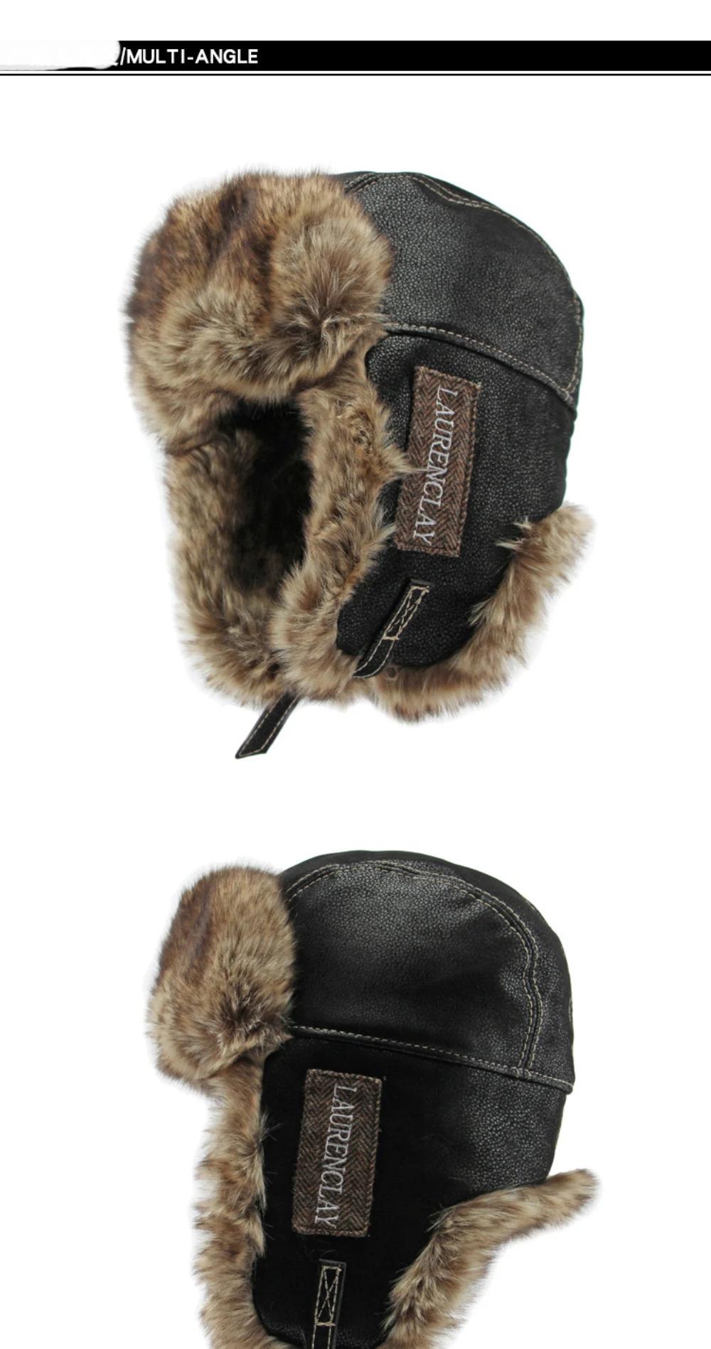 HT4241 Bomber Hat New Thick Warm Men Women Russian Fur Hat Male Windproof PU Leather Ski Trapper Earflap Cap Winter Hat Ushanka