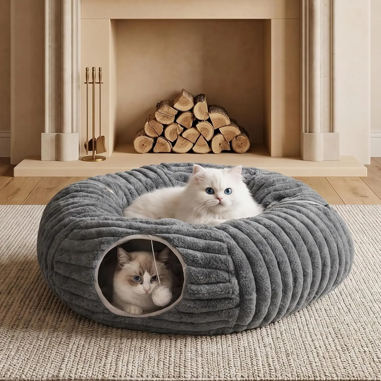 Cat Tunnel Bed, Peekaboo Hideaway Cave for Indoor Cats, Machine Washable Kitten Bed, Cat Donut, Dachshund Tunnel Bed for Small Dogs, Upgraded Striped Hare Feel Fabric (Deep Grey)