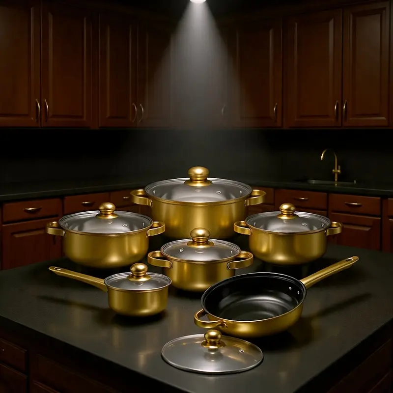 Ingenious Kitchen Set: Cookware Sets Stainless steel 6-piece set with glass cover with gold non-stick pan. Compatible with induction cooker, durable and exquisitely designed - perfect for housewarming, wedding gifts or gifts for close friend