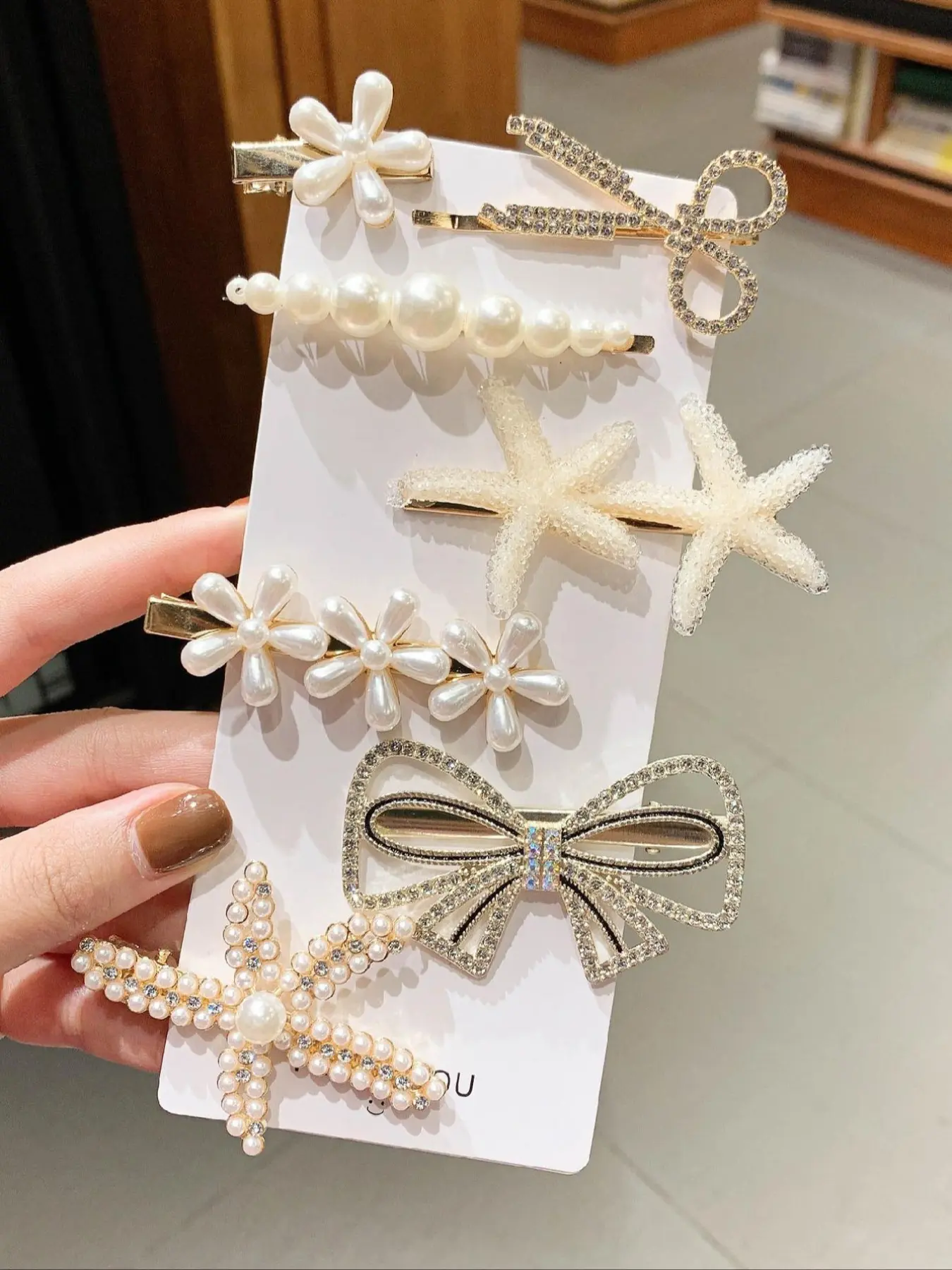 7-Piece Pearl Rhinestone Hair Clip Set, Elegant Flower/butterfly/star Duckbill Clips, Non-Slip Side Bang Clips, All-Season Use