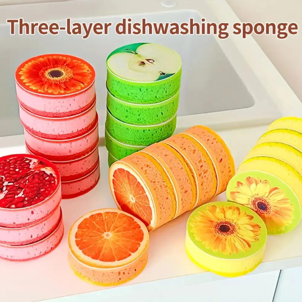 [Dishwashing Supplies] Ubilis Three-Layer Fruit Pattern Dish Sponge |   Vibrant Orange, Apple, Floral Design |   Kitchen Cleaning Tool for Bowls, Pots, Tableware