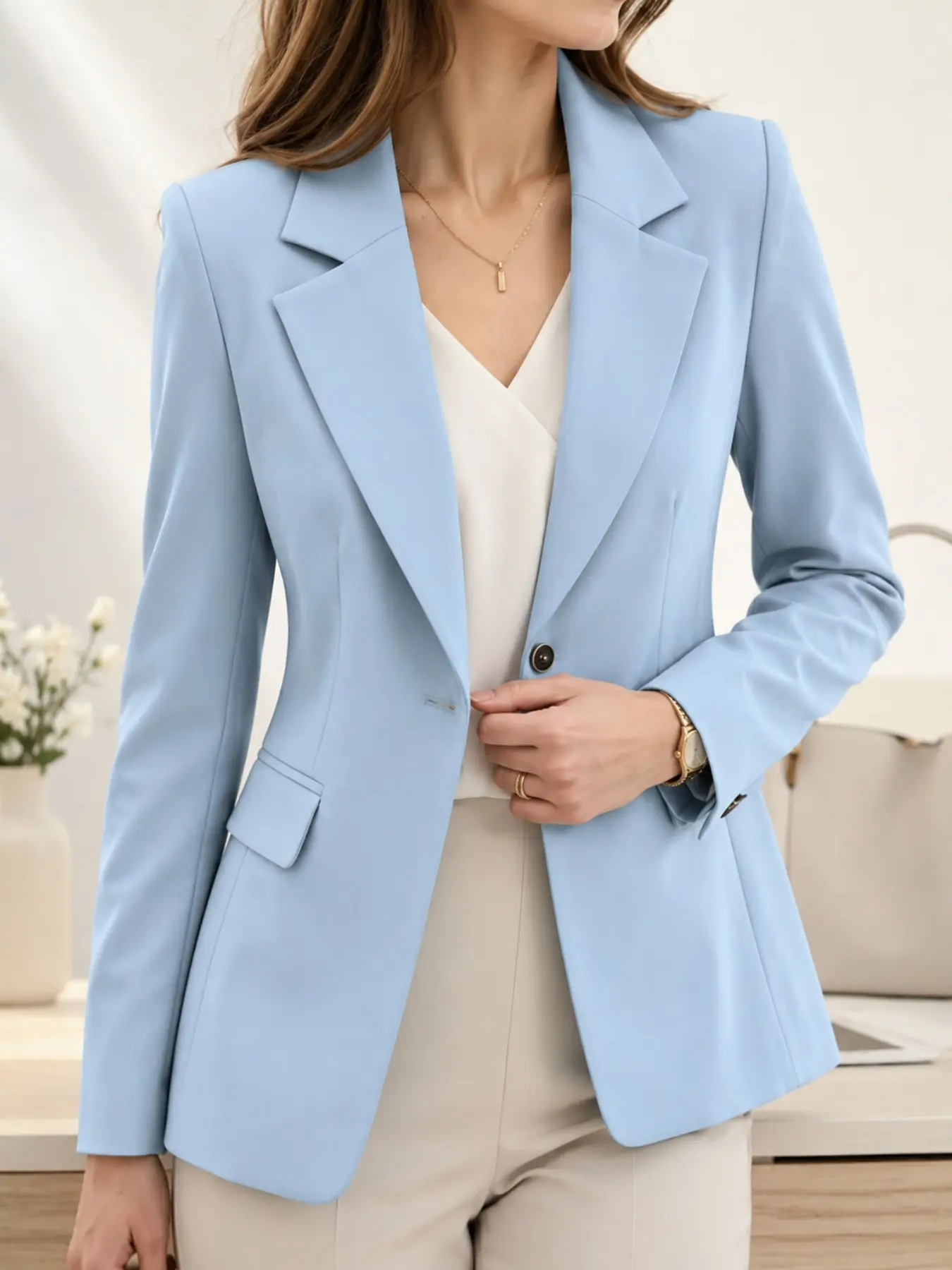 Women's Light Blue Waist-Cropped Blazer, Classic Notched Lapel Single Button, Fitted Design, Spring & Fall, Office Wear, Casual