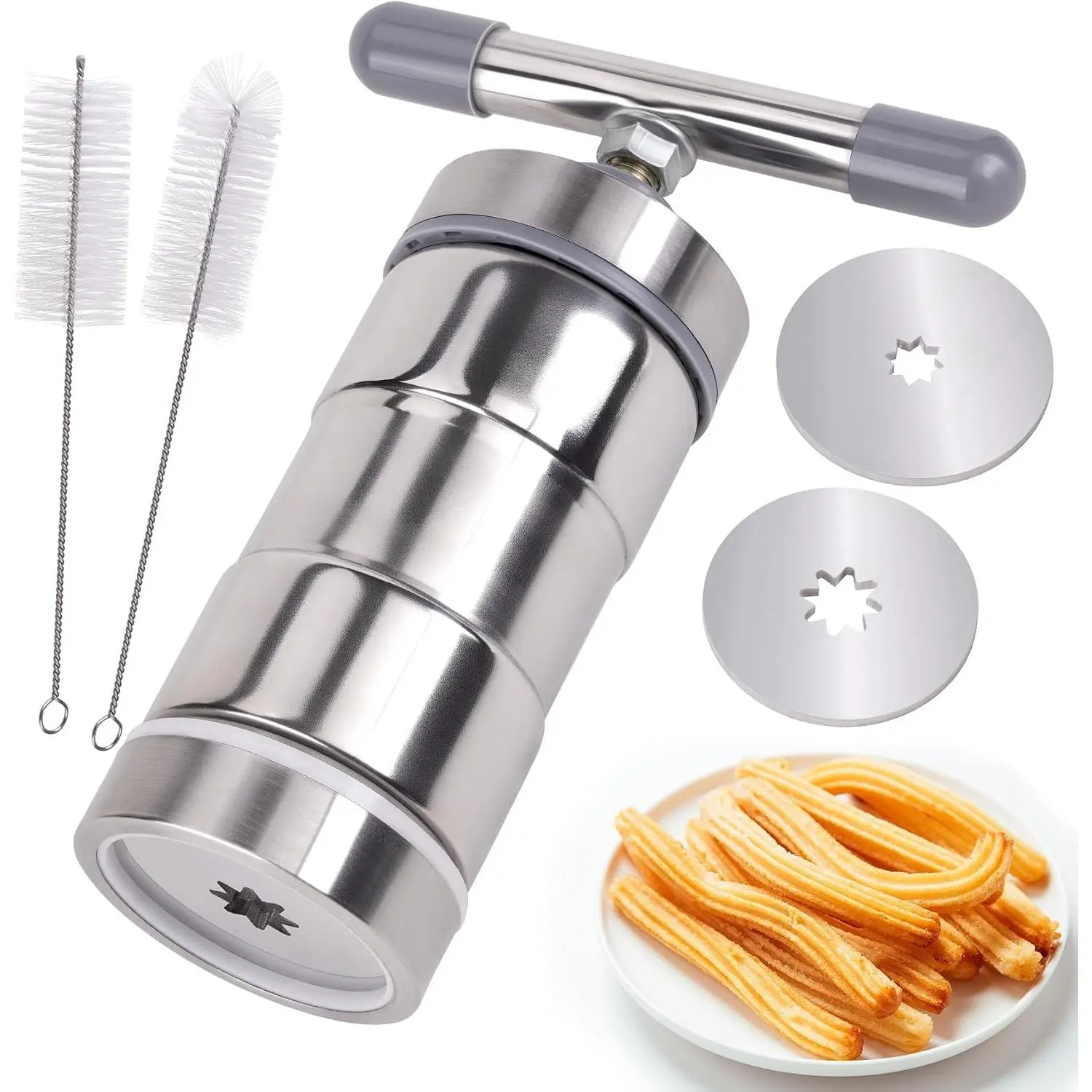 Stainless Steel Effort-saving Churro Maker Machine Kit Home DIY set with Brushes, Maquina para Churros，Easy To Use And Clean, Make Your Own Churros at Home(2-nozzles)