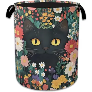 Cute Funny Black Cat Laundry Basket,Oxford Cloth Flower Laundry Hamper With Handle Foldable Portable Clothes Storage Basket for Laundry Room/Bedroom/Bathroom 20.8"x16"