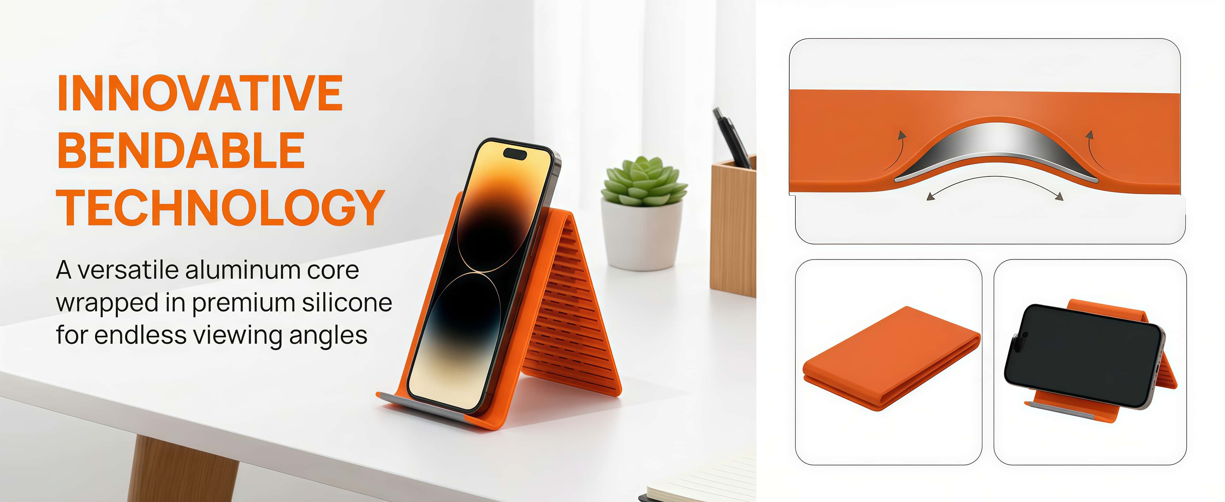 Flexible Silicone Phone Stand with Aluminum | Universal for Phone Tablet Laptop | Foldable Portable Travel Must Have Cellphone Smartphone Folding Mount