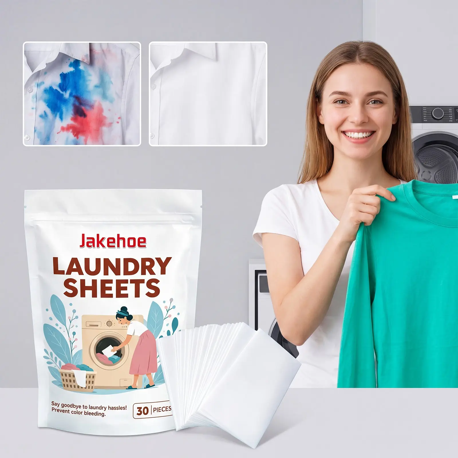 Laundry Sheets, Stain Removal, Fade Prevention, Gentle Formula, Color Protection, Lightweight, Portable, Clothing Washing Tablets