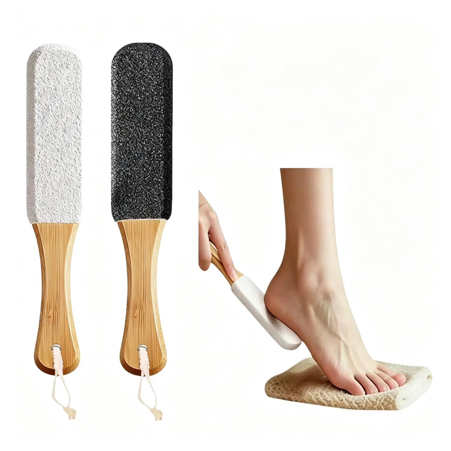 2 Piece Professional Foot File Set with Wooden Handle and Pumice Stone, Callus Remover for Feet and Hands, Dead Skin Exfoliator