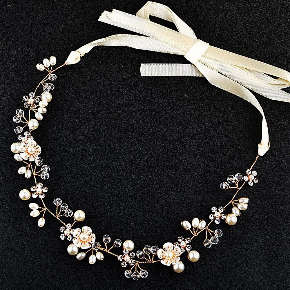 2 Colors Wedding Bridal Pearl Crystal Floral Hair Vine Ribbon Headband 14 Inch Handmade Wire Floral Tiara Boho Bride Bridesmaid Prom Party Hair Accessory Gift