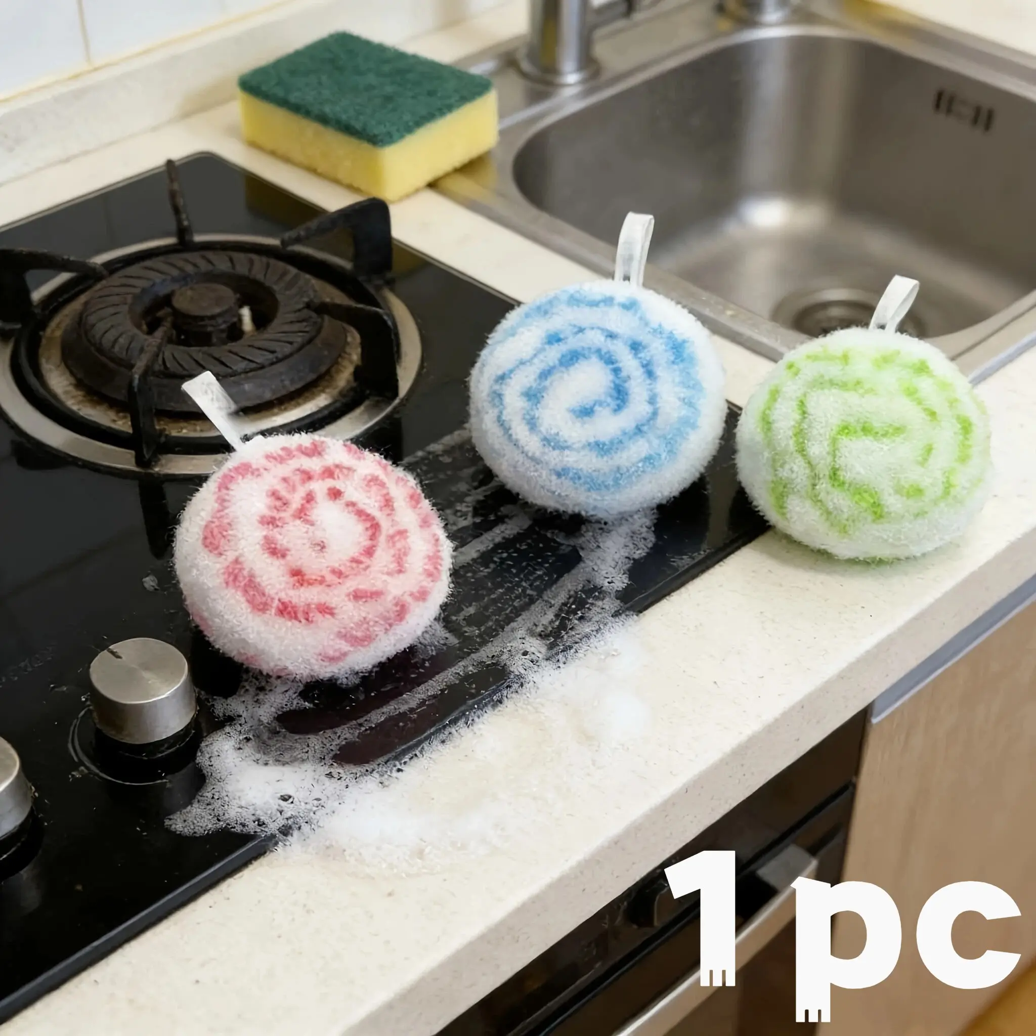 Kitchen Cleaning Ball with Strap, Nano Magic Sponge Eraser, Dish Sponge, Loose Mesh Cleaner for Sink, Stove, Kitchenware, Easy Dry, Non-Damaging