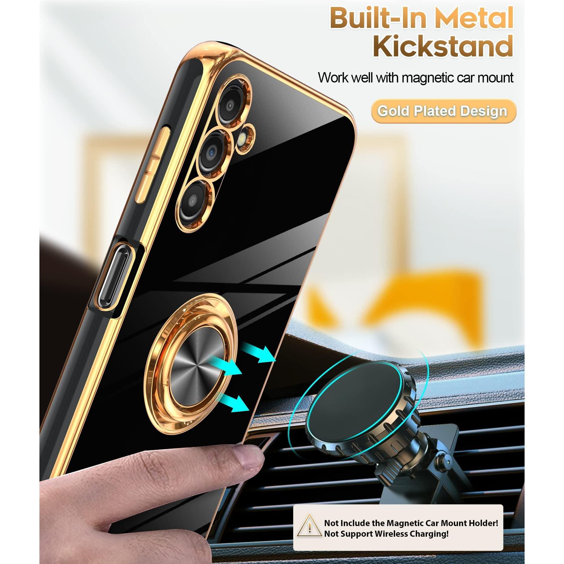 For Galaxy A14-5g Phone Case: 2 Pack Tempered Glass Screen Protector And 360° Rotatable Ring Magnetic Kickstand  Rose Edge Cell Android Basic Funda Para A 14 5g Cover Black