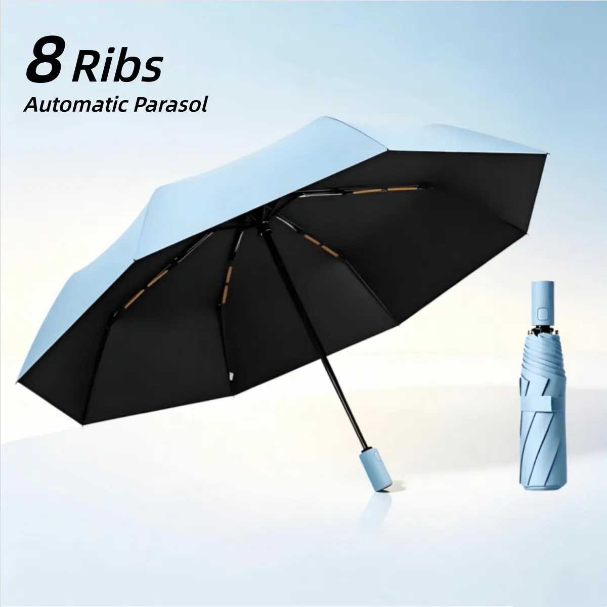 8 Rib Double Keel Reinforced Fully Automatic Umbrella, Lightweight Solid Color Foldable Parasol, UV Protection, 1pc