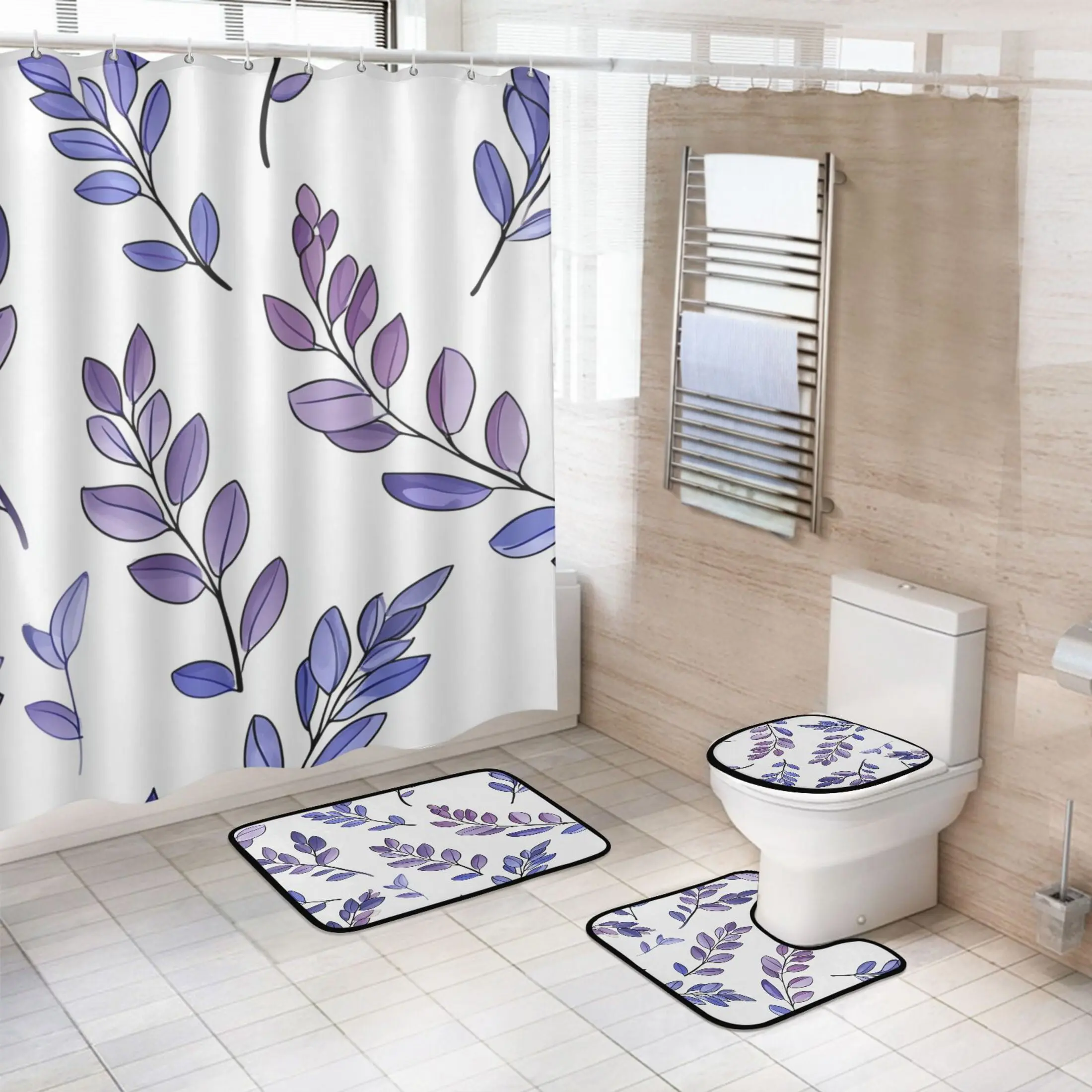 Modern 4-Piece Bathroom Set Pack, Purple Lavender Print Flannel Set Including Waterproof Shower Curtain, Non-Slip Bath Mat, U-Shaped Mat and Toilet Lid Cover, Four Pieces