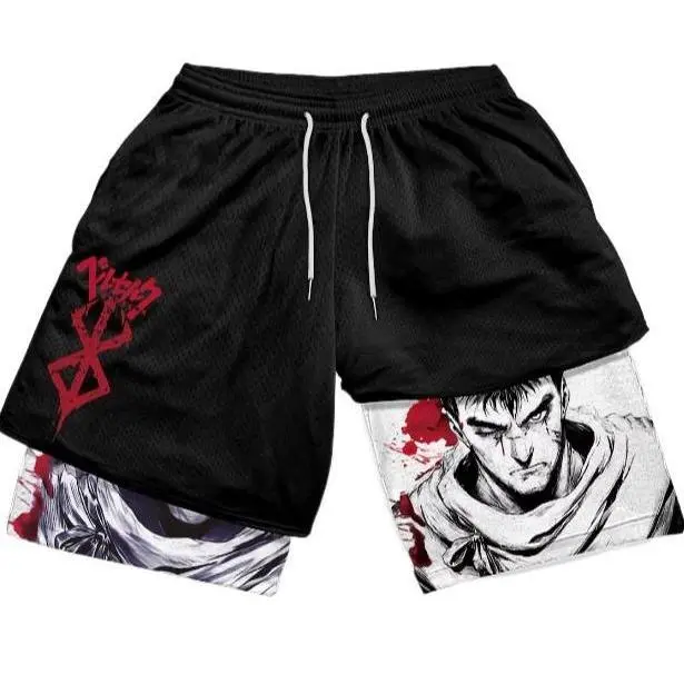 Berserk Guts Anime 2 in 1 Mesh Gym Shorts Men Brand of Sacrifice Double Layer Manga Athletic Shorts Men's Berserk Guts Anime Blood Splash Brand of Sacrifice Print 2 in 1 Mesh Compression Shorts Double Layer Gym Running Manga Streetwear Shorts