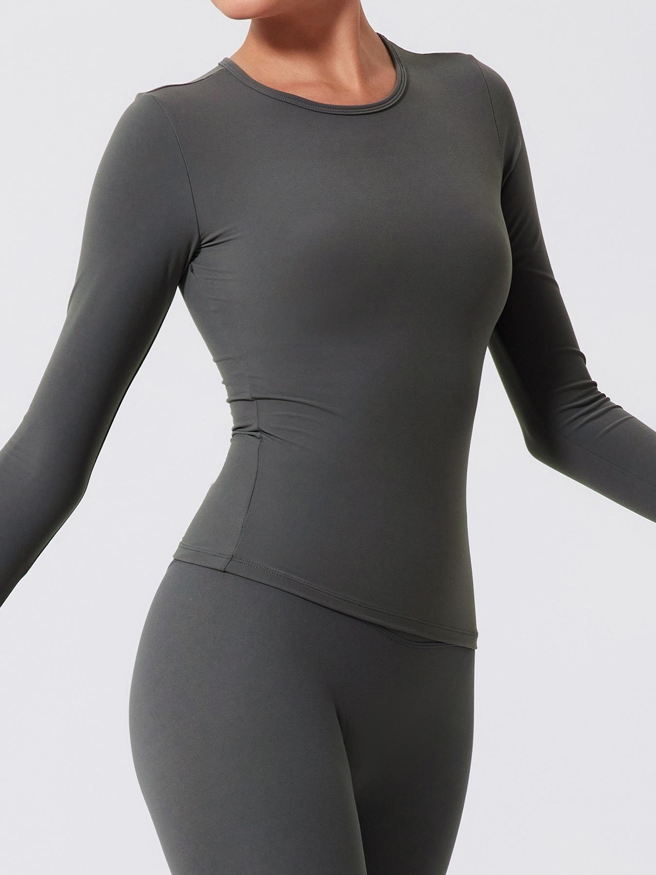 Women's Solid Long Sleeve Sports Tee, Athletic Style Activewear, Casual Comfy Breathable T-shirt for Yoga Gym Workout Running, Ladies Sportswear for Spring & Fall