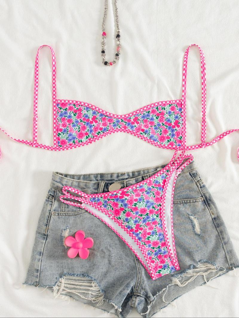 Two-Piece Set Women's Floral Print Bikini Set, Casual Fashion Chic Swimsuit Set for Beach Holiday Vacation, Ladies Summer Clothes, Tie Back Bikinis Two-Piece Set Women's Floral Print Bikini Set, Casual Fashion Chic Swimsuit Set for Beach Holiday Vacation, Ladies Summer Clothes, Tie Back Bikinis