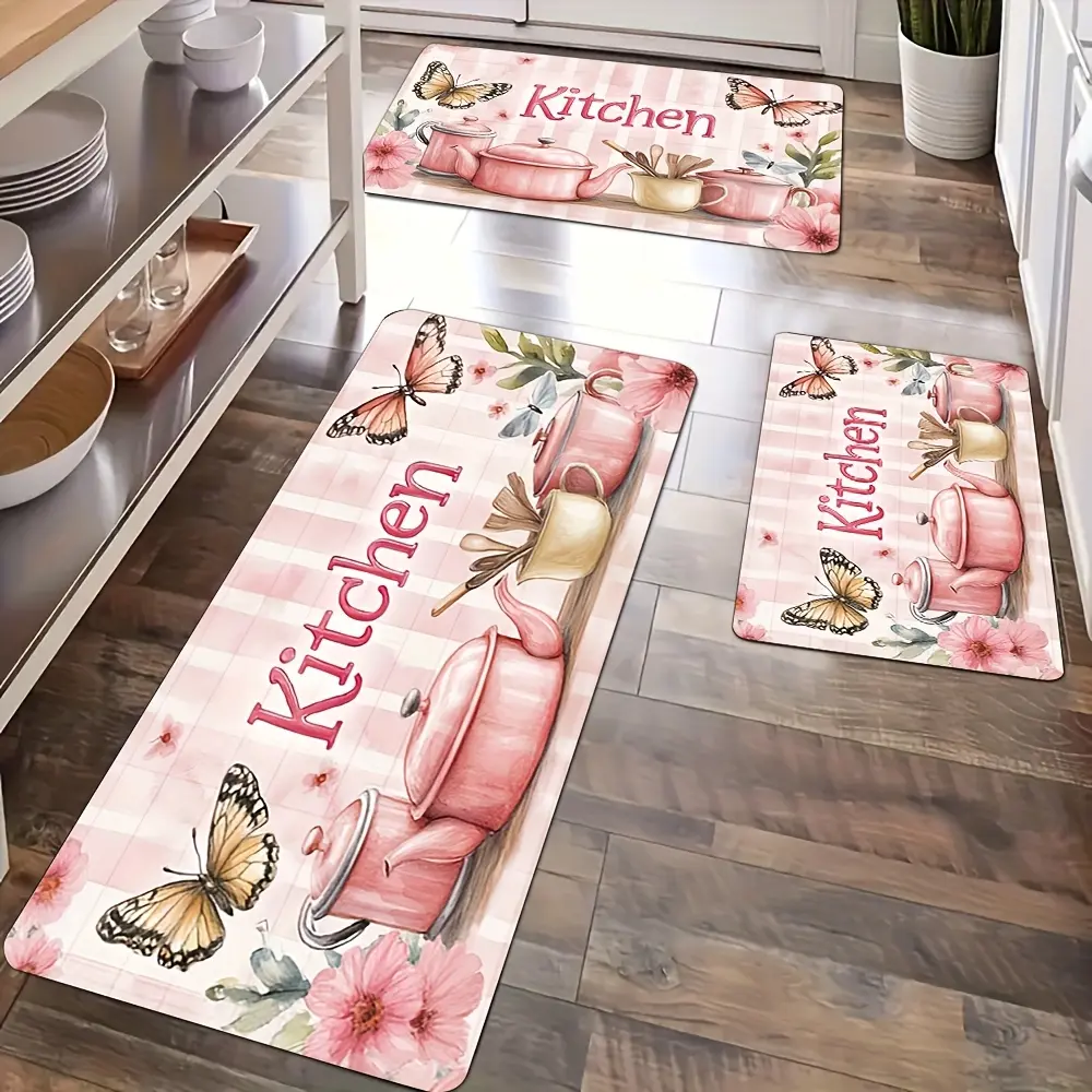 1/2/3pcs Kitchen Floor Mats - Washable Rectangular Mats with Pink Kitchen Decor Patterns (butterflies, Flowers) for Use on Dining Tables and Kitchen Floors in Your Home.