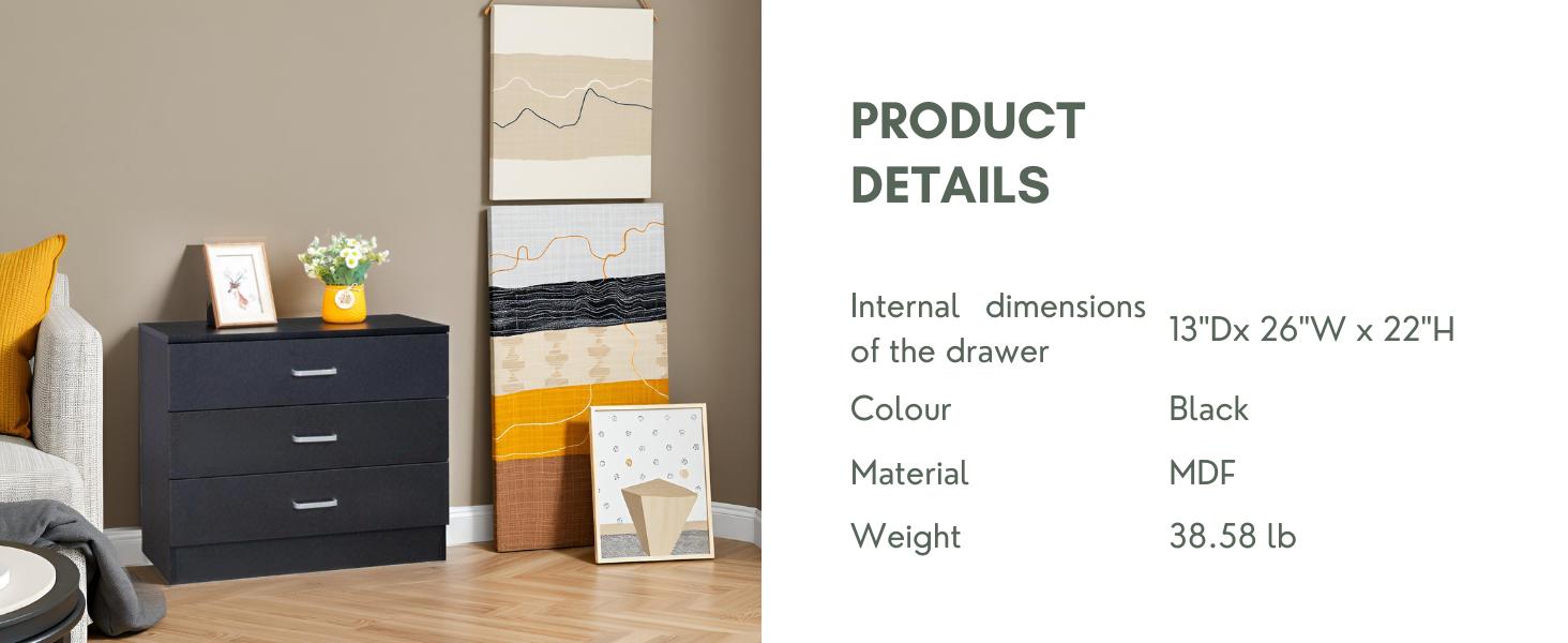 Karl home 3 Drawer Dresser, Modern Storage Chest of Drawers, Wood Bedside Table Night Table for Bedroom,Living Room (Black)