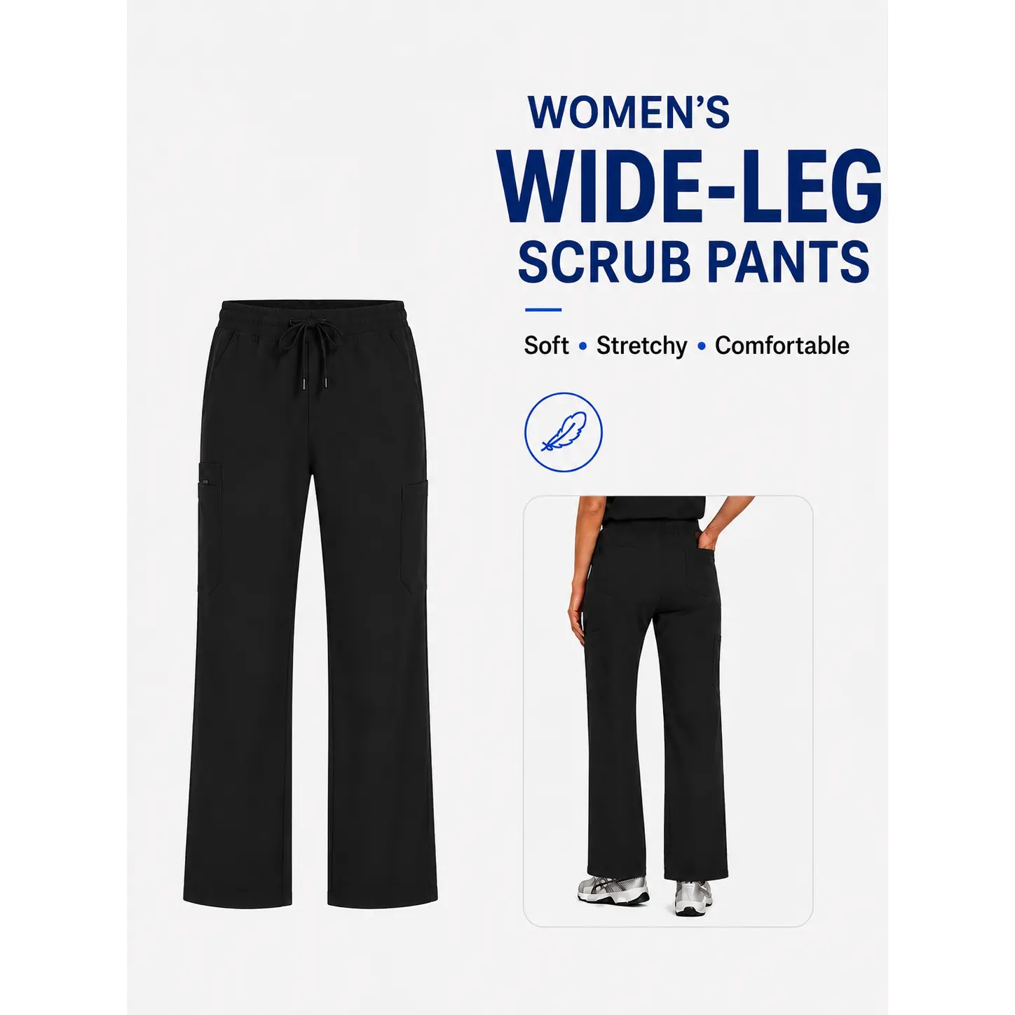 VECARDI Women's Flare Scrub Pants, High Waist Work Pants with Drawstring and Multi-Pockets, Stretchy Breathable Lightweight Comfortable Nursing Pants Black Casual Fit