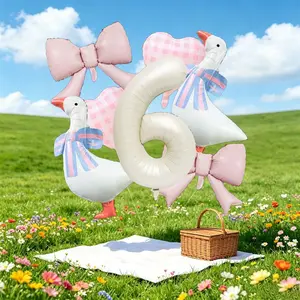 11-piece Instagram-style white goose bow-shaped foil balloon bundle, available in 2 colors; includes a 32-inch creamy-white numeric foil balloon, white goose with bow, and pink/blue bow-shaped foil balloons—ideal for baby showers, infant baptisms