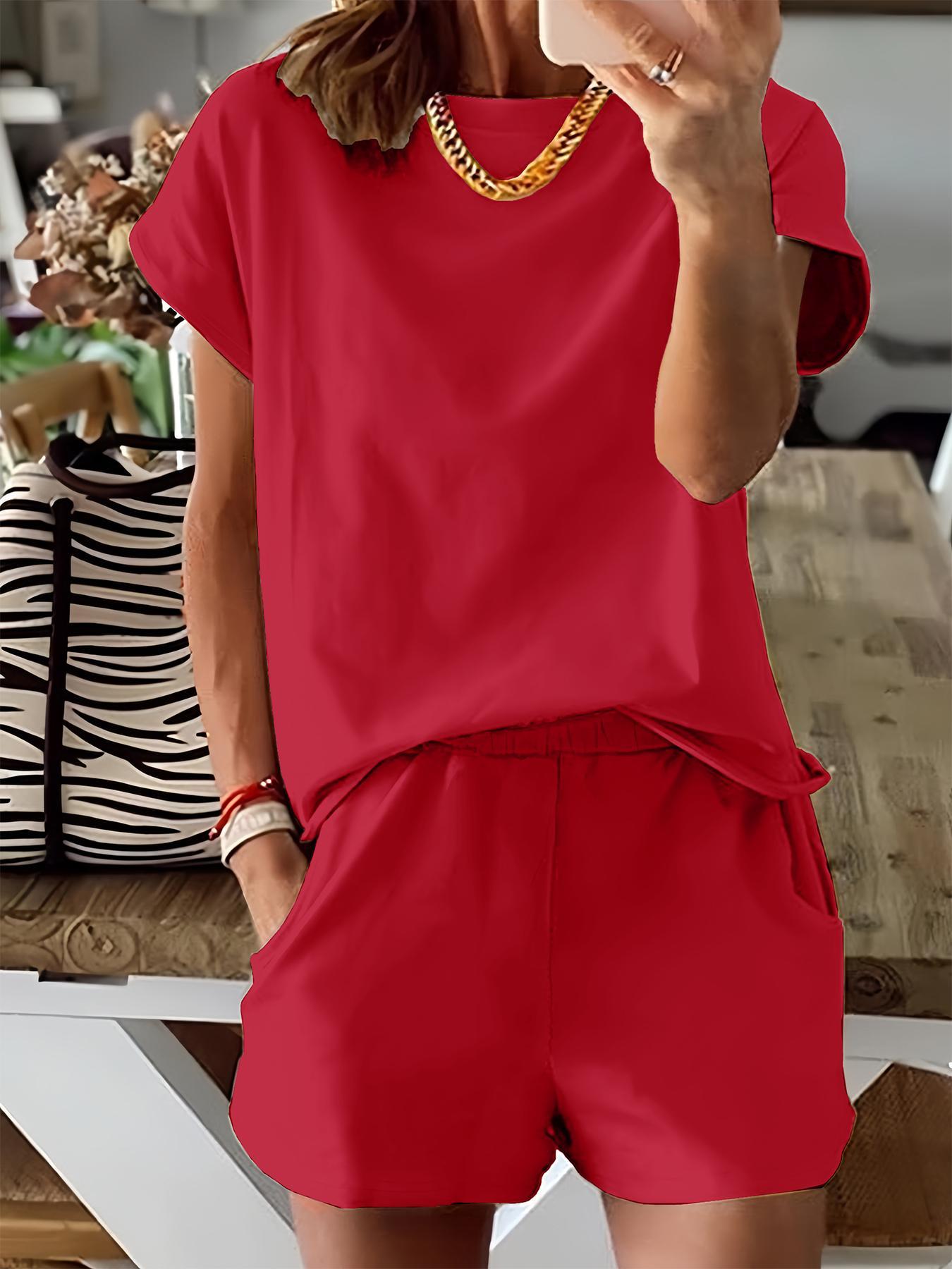 Women's Solid Co-ord Set, Casual Short Sleeve Tee & Elastic Waist Shorts Set, Women's Summer Clothes for Daily Wear, Cute Summer Outfit