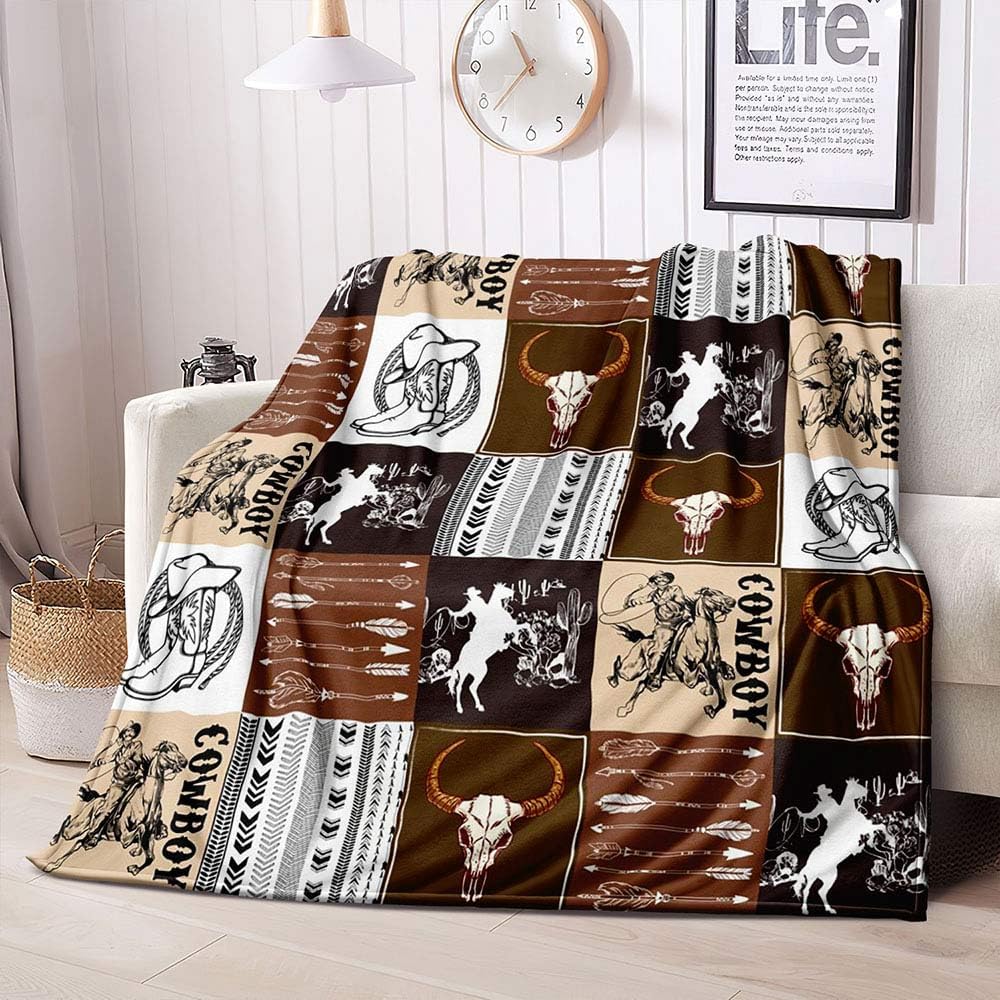 FRANALA Western Throw Blanket, Cow Skull Cowboy Hat Boots Wagon Wheel Texas Star Brown Barn Door Rustic Farmhouse Wild West Blanket, Cozy Soft Fuzzy Flannel Fleece Blanket for Couch, Sofa,
