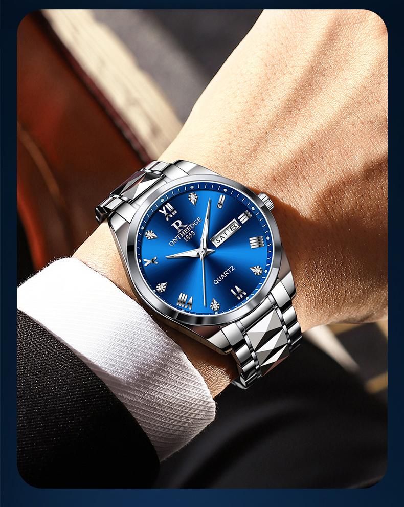 Men's Luxury Gold Tone Quartz Watch - Stainless Steel Wristwatch with Day & Date Calendar, Crystal Diamond Accents, Roman Numerals, Elegant Business Dress Watch, Perfect Gift for Husband Dad