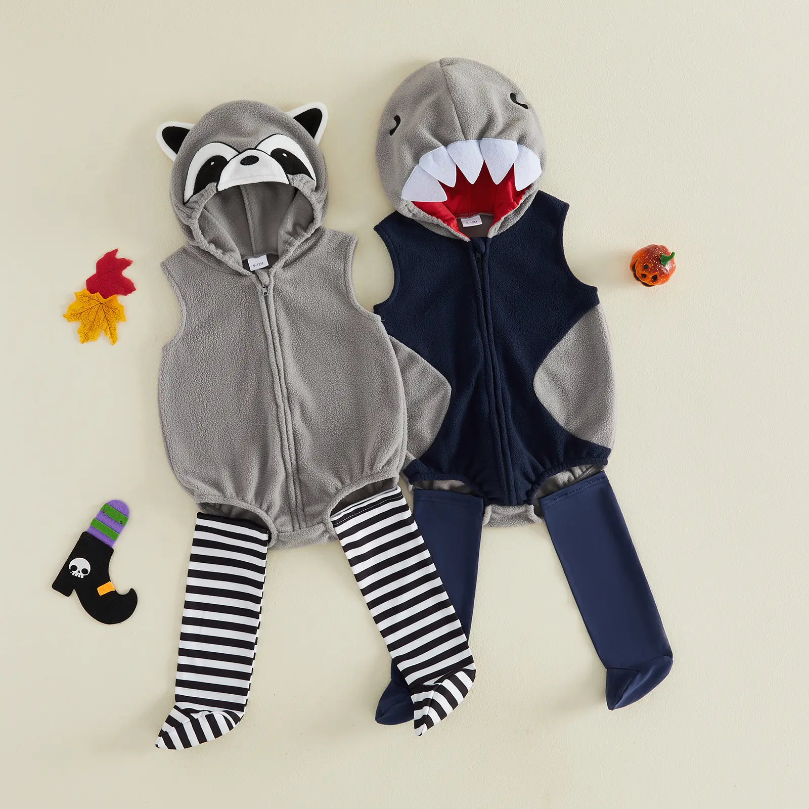 Canrulo Baby Boy Girl Halloween Shark/Raccoon Outfit Sleeveless Fleece Hooded Romper with Long Socks Infant Cosplay Costume 0-24 Months