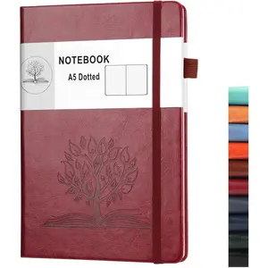 Dotted Journal Notebook with Pen Holder-- A5 Leather Dot Grid Notebook with 160 Pages 100gsm Thick Paper, Hardcover Dotted Journal with Pocket for Woman Men 8.4 x 5.7 in ( Red)